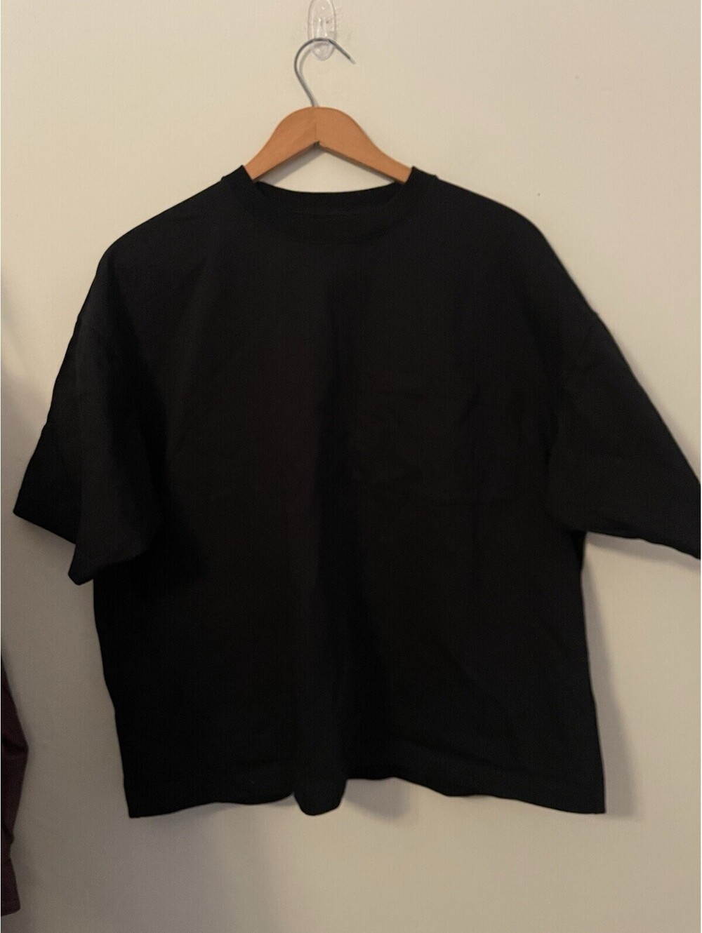 Beams Black Medium M Cropped Crew Neck Thick Cotton Shirt Top Short Sleeve Japan